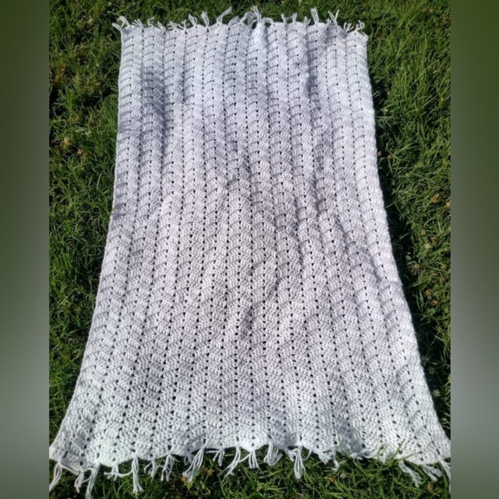 Handcrafted White baby toddler blanket with fringe